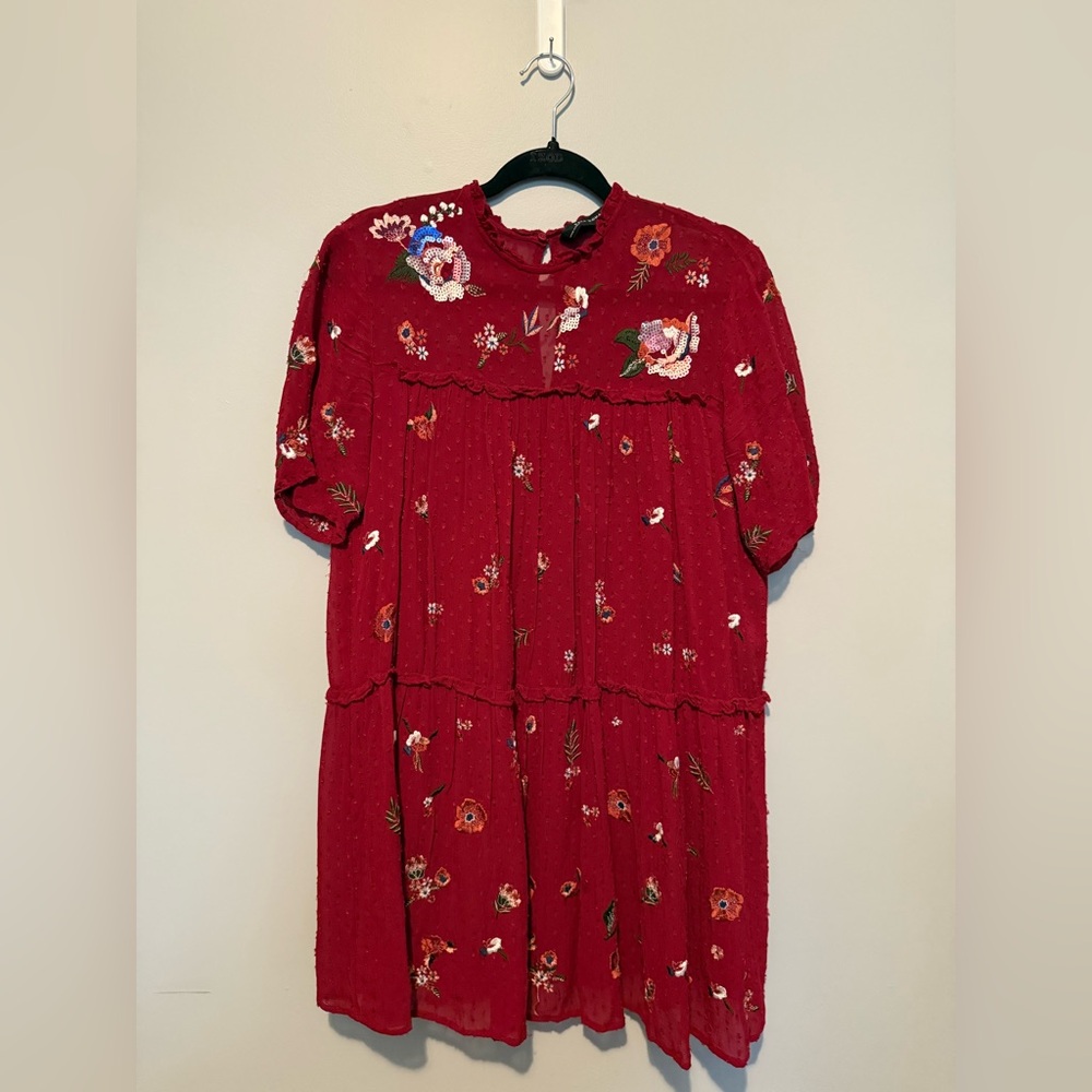 Tiered Red Embroidered Mini Dress (Minimal Embroidery)